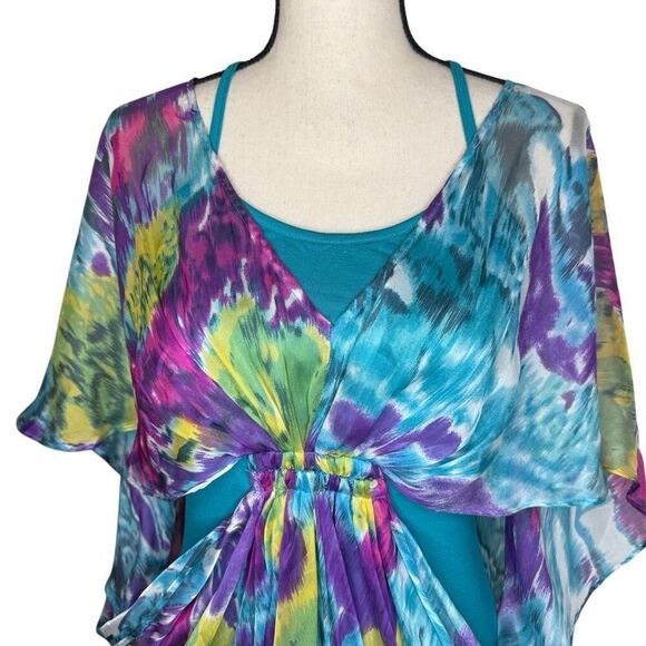 Gibson Teal Tank With Watercolor Silk Overlay Top Sz S - Picture 3 of 15